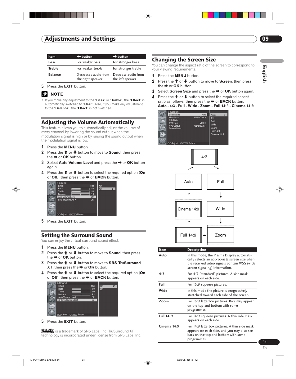 09 adjustments and settings, Adjusting the volume automatically, Setting the surround sound | Changing the screen size, English | Pioneer PDP-42RXE User Manual | Page 31 / 124