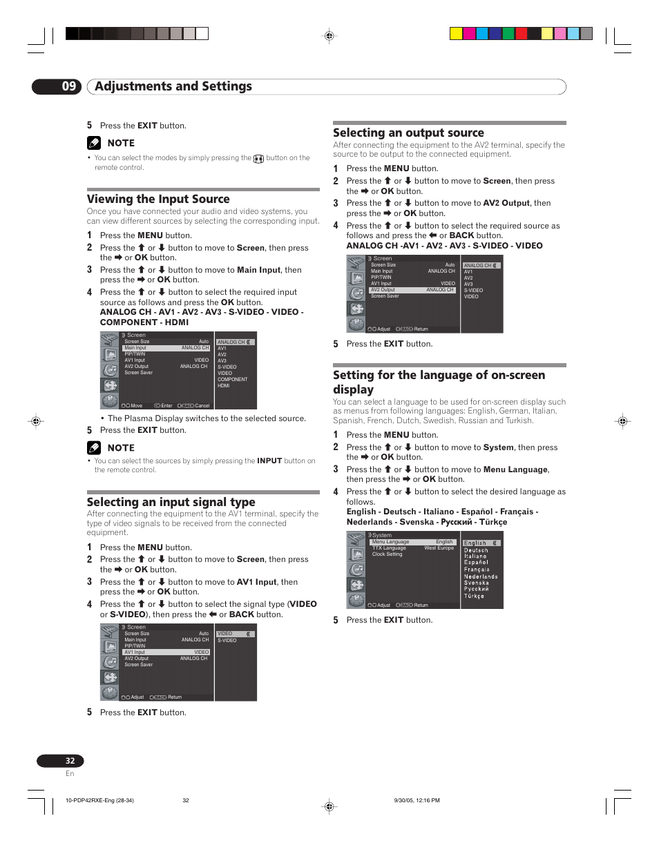 09 adjustments and settings, Viewing the input source, Selecting an input signal type | Selecting an output source, Setting for the language of on-screen display | Pioneer PDP-42RXE User Manual | Page 32 / 124