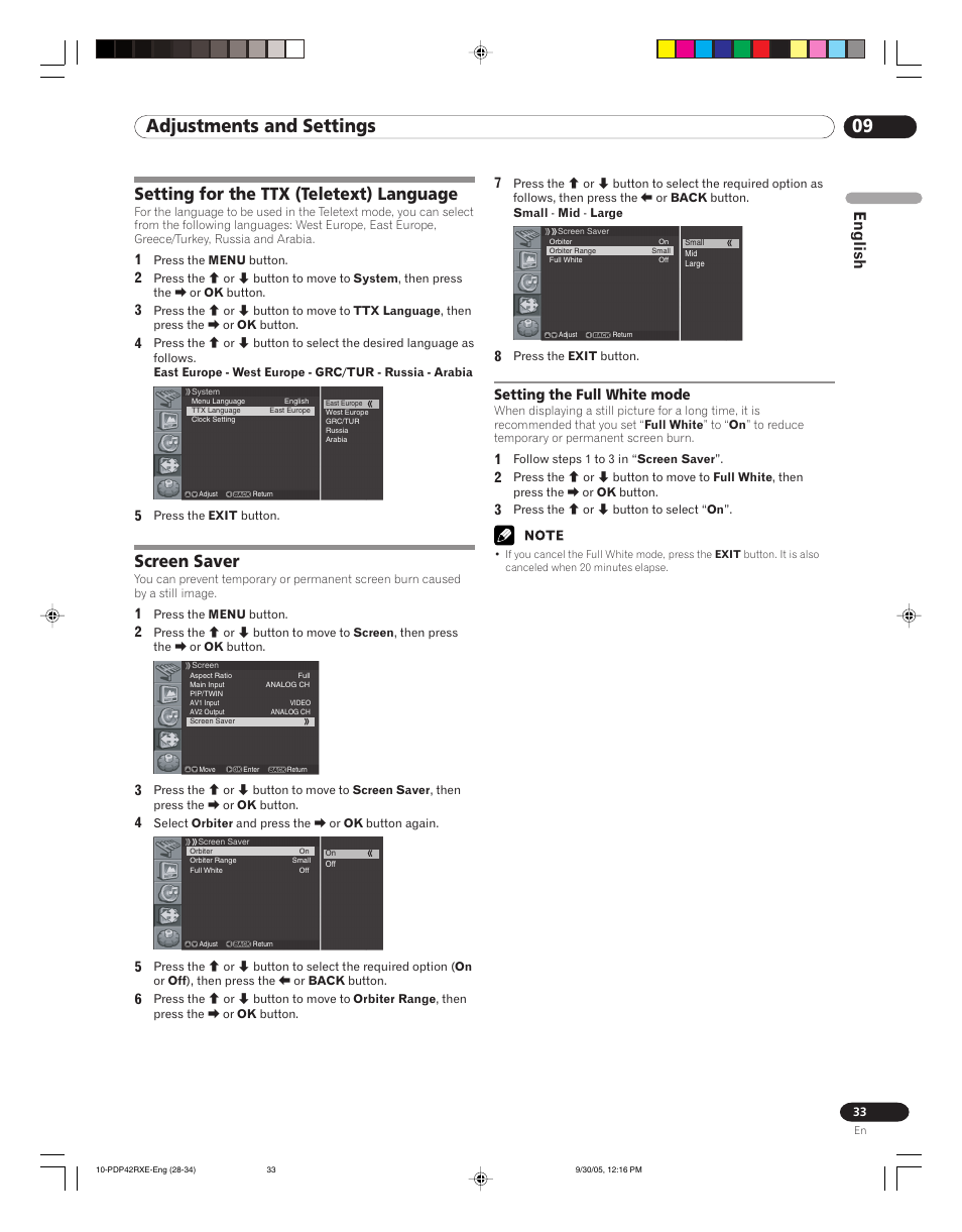 Setting the full white mode, 09 adjustments and settings, Setting for the ttx (teletext) language | Screen saver, English | Pioneer PDP-42RXE User Manual | Page 33 / 124