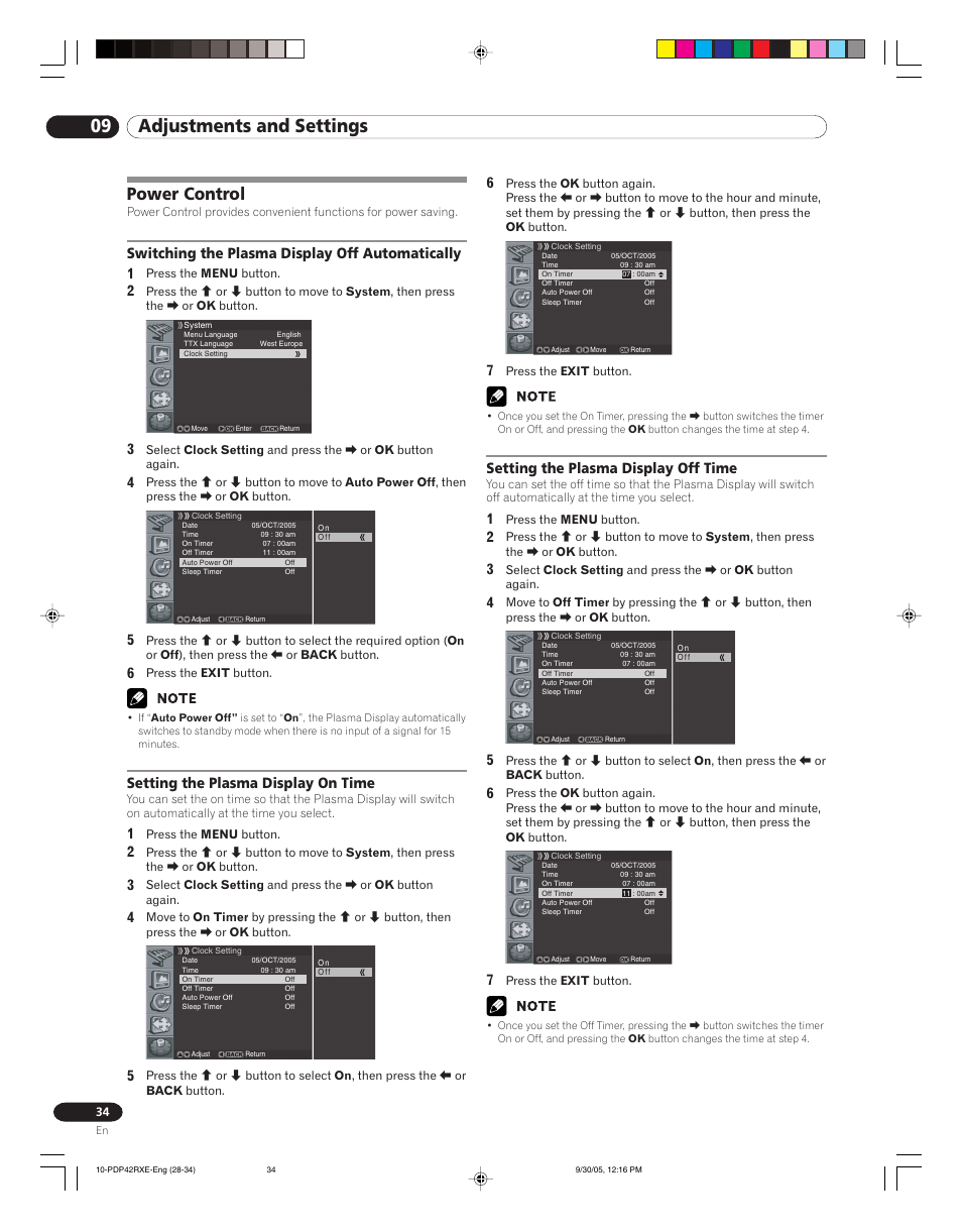 Power control, 09 adjustments and settings, Switching the plasma display off automatically 1 | Setting the plasma display on time, Setting the plasma display off time | Pioneer PDP-42RXE User Manual | Page 34 / 124