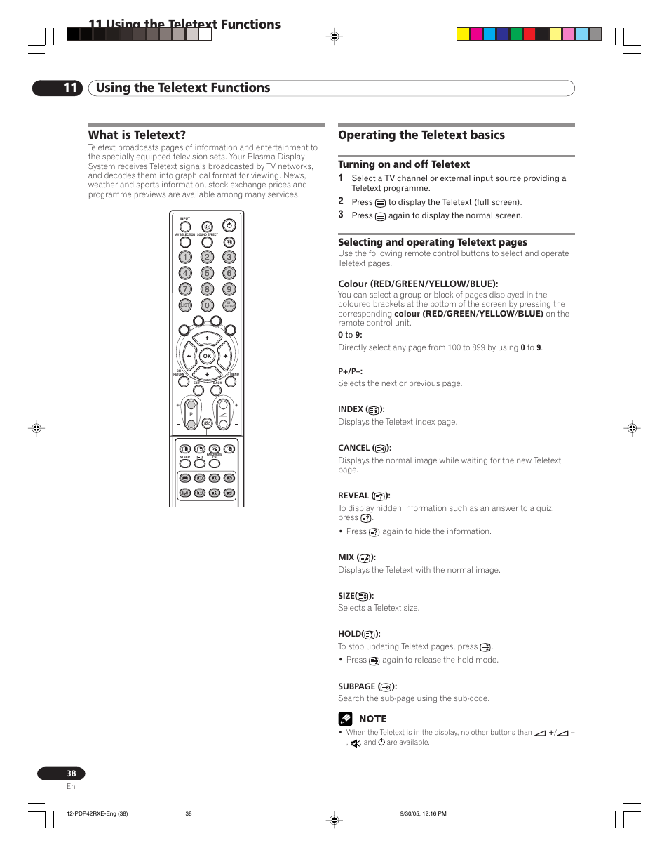 11 using the teletext functions, What is teletext? operating the teletext basics, What is teletext | Operating the teletext basics | Pioneer PDP-42RXE User Manual | Page 38 / 124