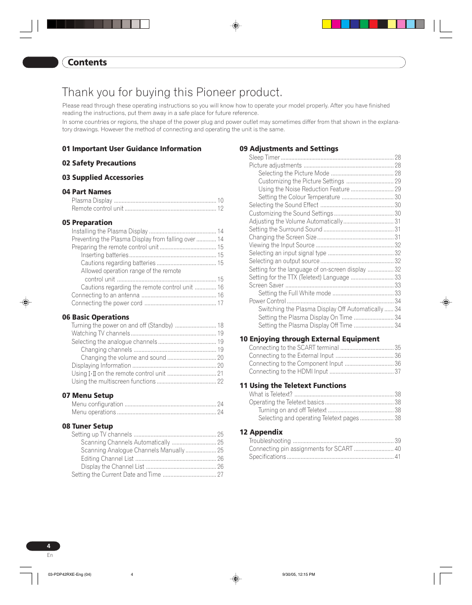 Pioneer PDP-42RXE User Manual | Page 4 / 124