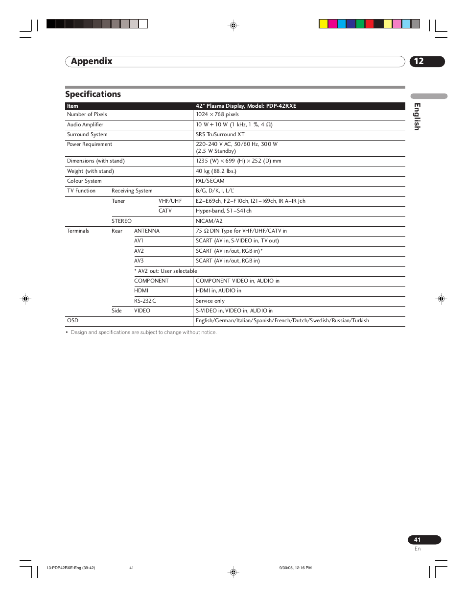 Specifications, 12 appendix, English | Pioneer PDP-42RXE User Manual | Page 41 / 124