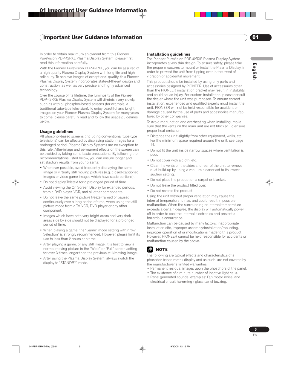 01 important user guidance information, English | Pioneer PDP-42RXE User Manual | Page 5 / 124