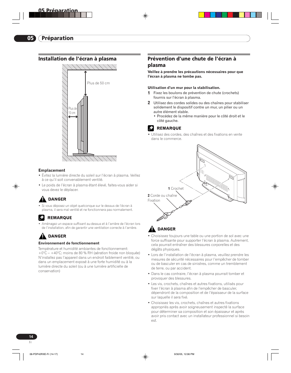 05 préparation, Installation de l’écran à plasma, Prévention d’une chute de l’écran à plasma | Pioneer PDP-42RXE User Manual | Page 54 / 124