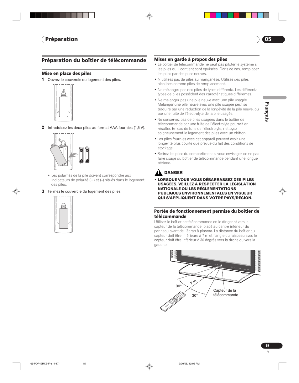 Préparation du boîtier de télécommande, Télécommande, 05 préparation | Français | Pioneer PDP-42RXE User Manual | Page 55 / 124