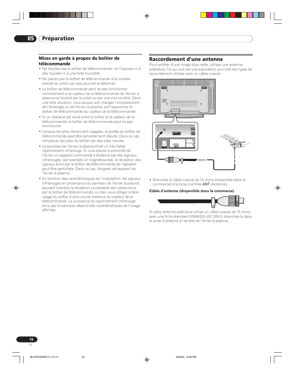 Mises en garde à propos du boîtier de, Télécommande, Raccordement d’une antenne | 05 préparation | Pioneer PDP-42RXE User Manual | Page 56 / 124