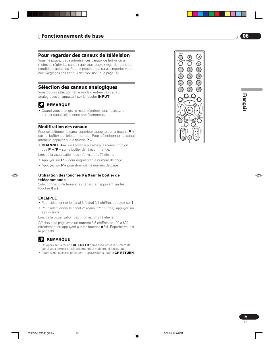 Modification des canaux, 06 fonctionnement de base, Pour regarder des canaux de télévision | Sélection des canaux analogiques, Français | Pioneer PDP-42RXE User Manual | Page 59 / 124