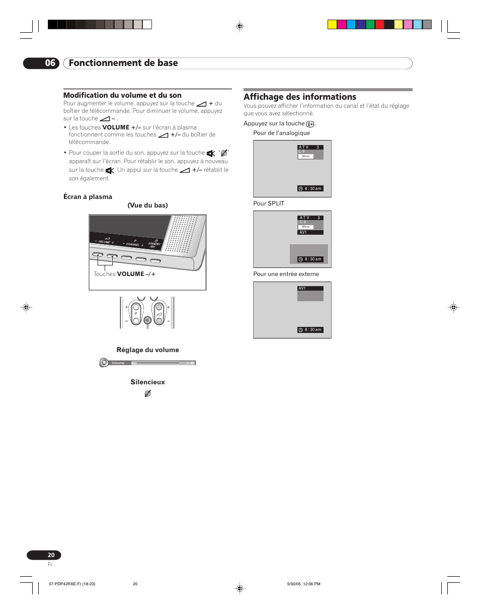 Modification du volume et du son, Affichage des informations, 06 fonctionnement de base | Pioneer PDP-42RXE User Manual | Page 60 / 124