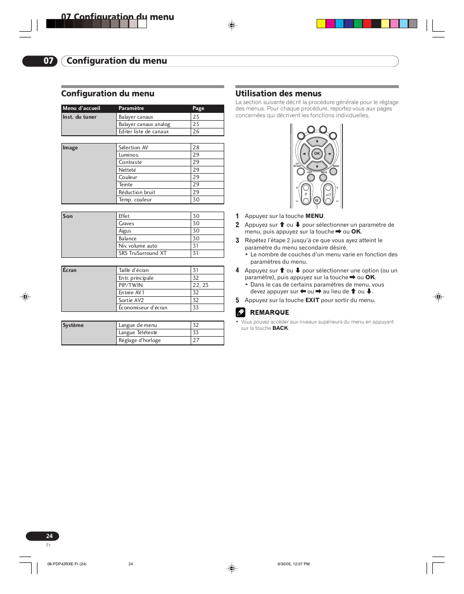 07 configuration du menu, Configuration du menu utilisation des menus, Configuration du menu | Utilisation des menus | Pioneer PDP-42RXE User Manual | Page 64 / 124