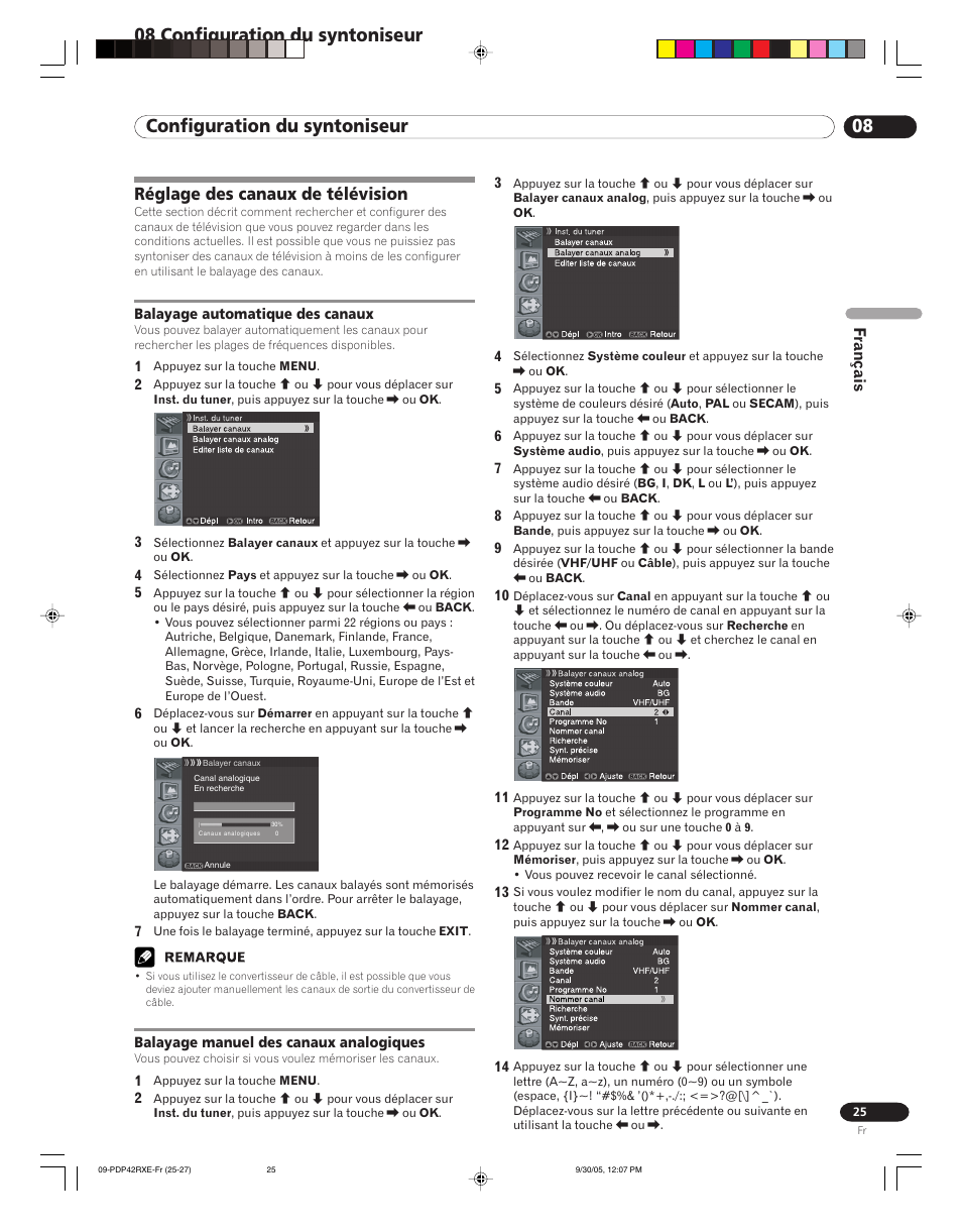 08 configuration du syntoniseur, Réglage des canaux de télévision, Français | Pioneer PDP-42RXE User Manual | Page 65 / 124