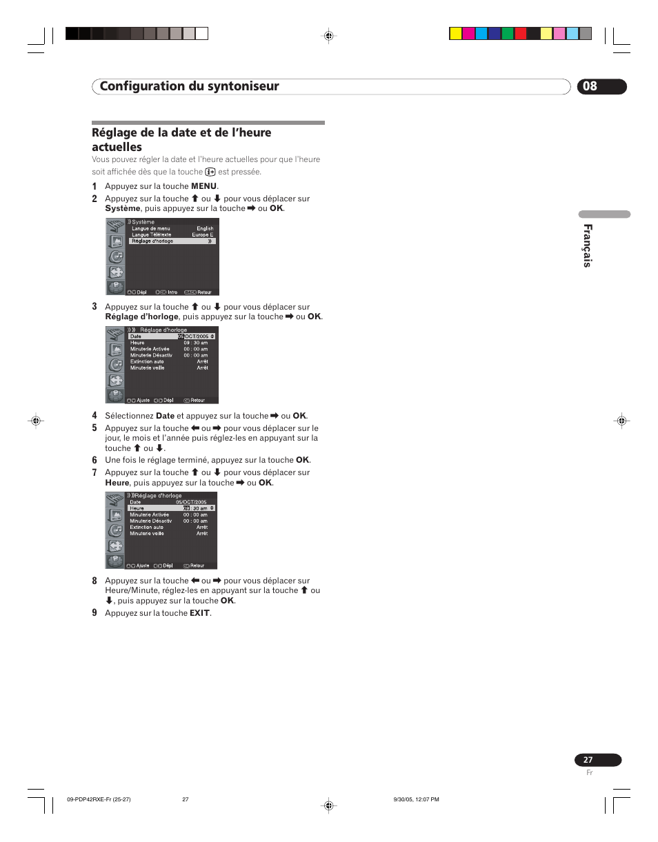Réglage de la date et de l’heure actuelles, 08 configuration du syntoniseur | Pioneer PDP-42RXE User Manual | Page 67 / 124