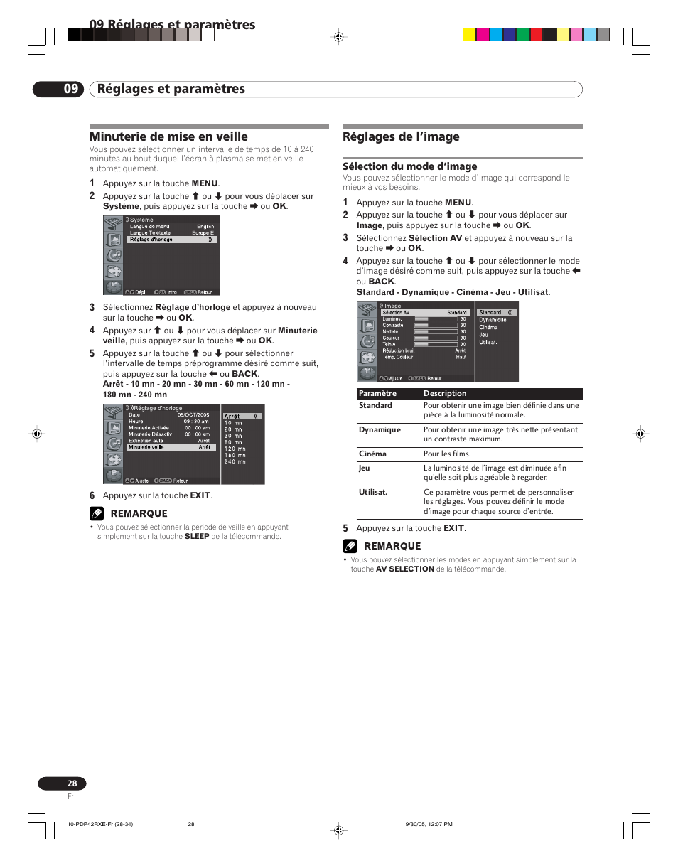 09 réglages et paramètres, Minuterie de mise en veille réglages de l’image, Sélection du mode d’image | Réglages de l’image, Minuterie de mise en veille | Pioneer PDP-42RXE User Manual | Page 68 / 124