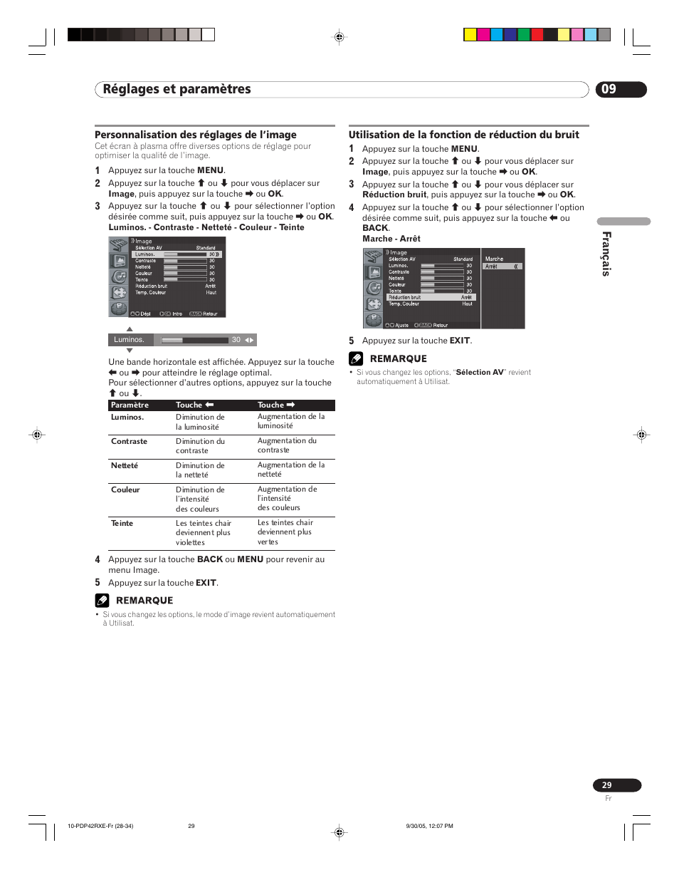 09 réglages et paramètres, Français | Pioneer PDP-42RXE User Manual | Page 69 / 124