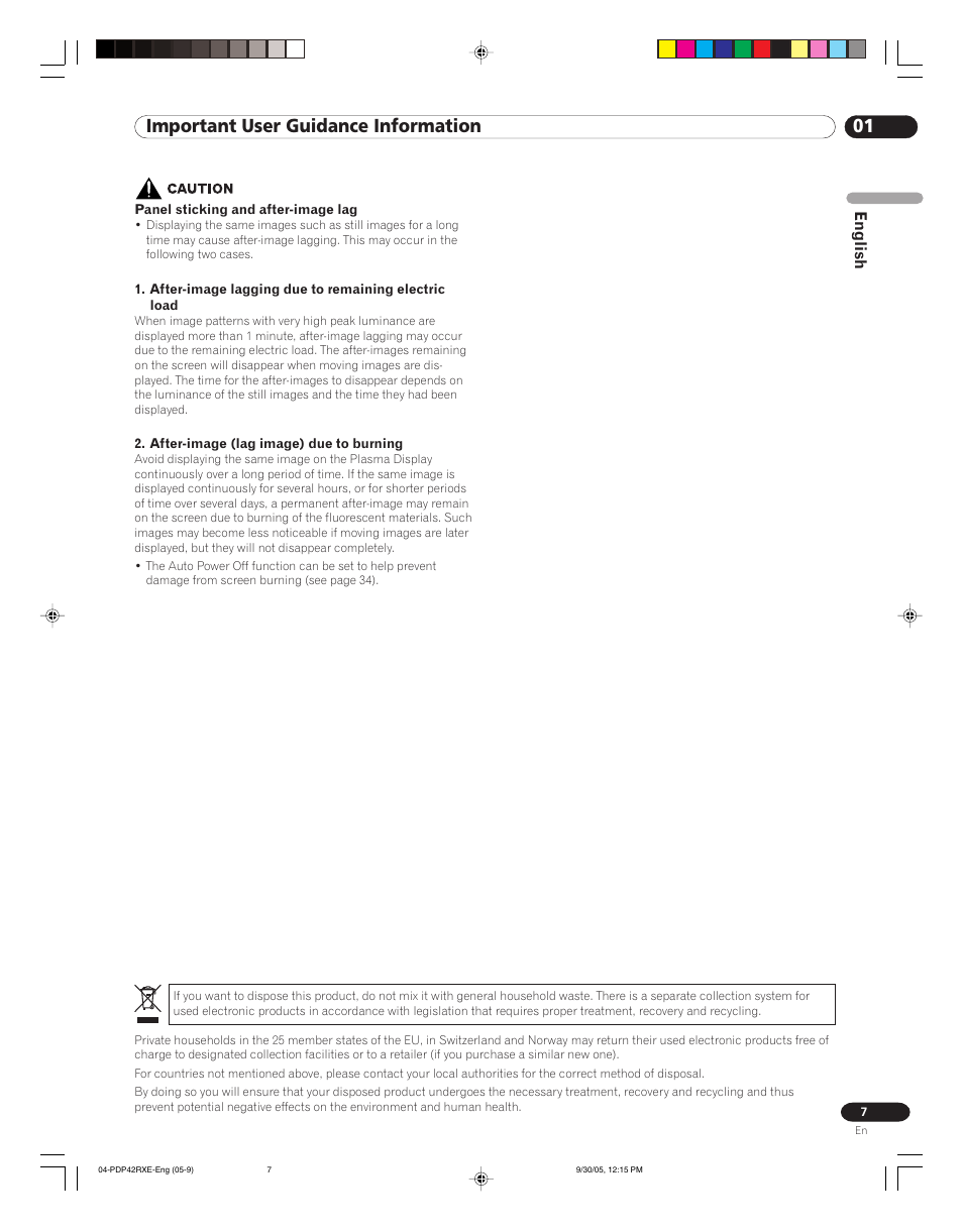 01 important user guidance information, English | Pioneer PDP-42RXE User Manual | Page 7 / 124