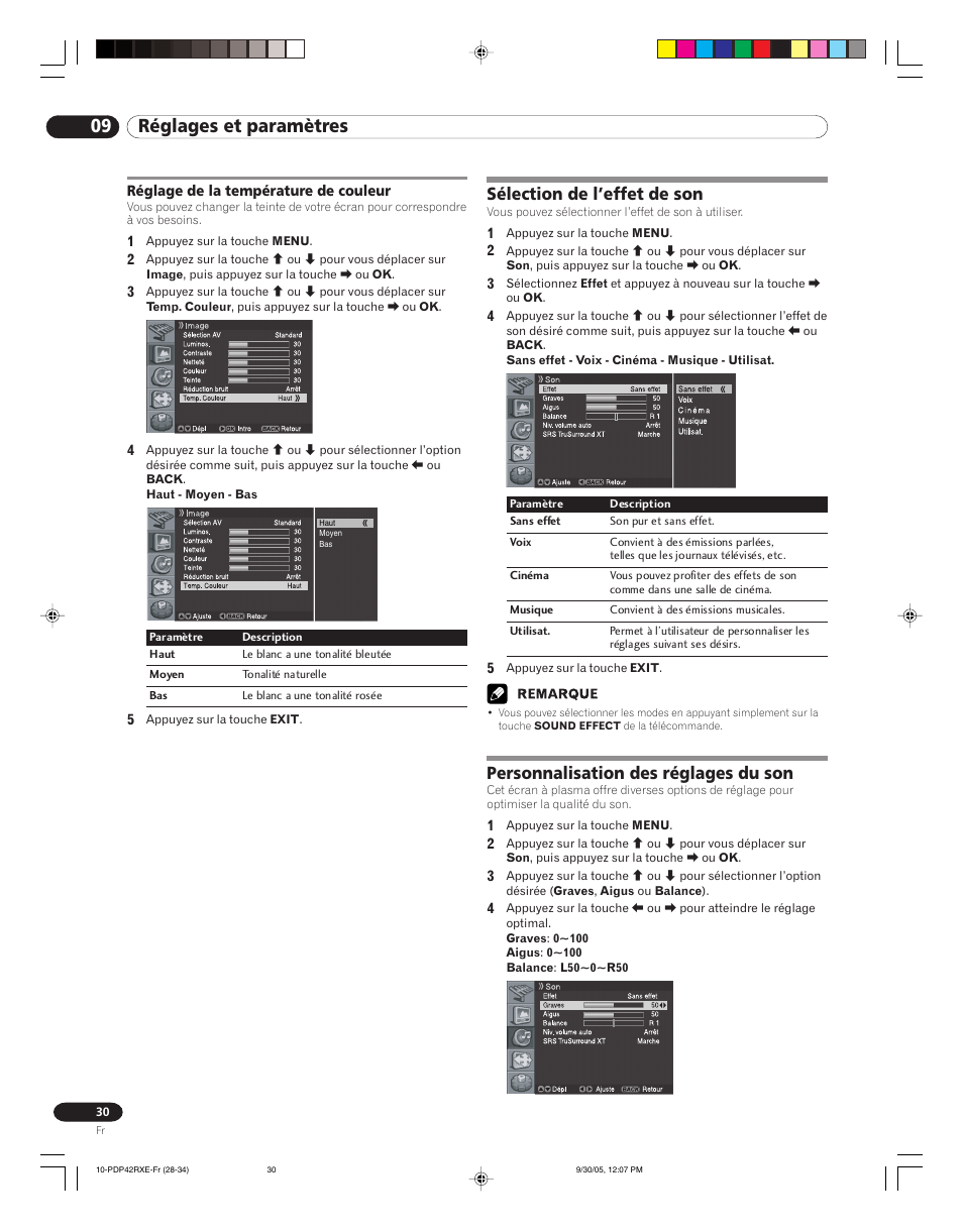 Réglage de la température de couleur, 09 réglages et paramètres, Sélection de l’effet de son | Personnalisation des réglages du son | Pioneer PDP-42RXE User Manual | Page 70 / 124