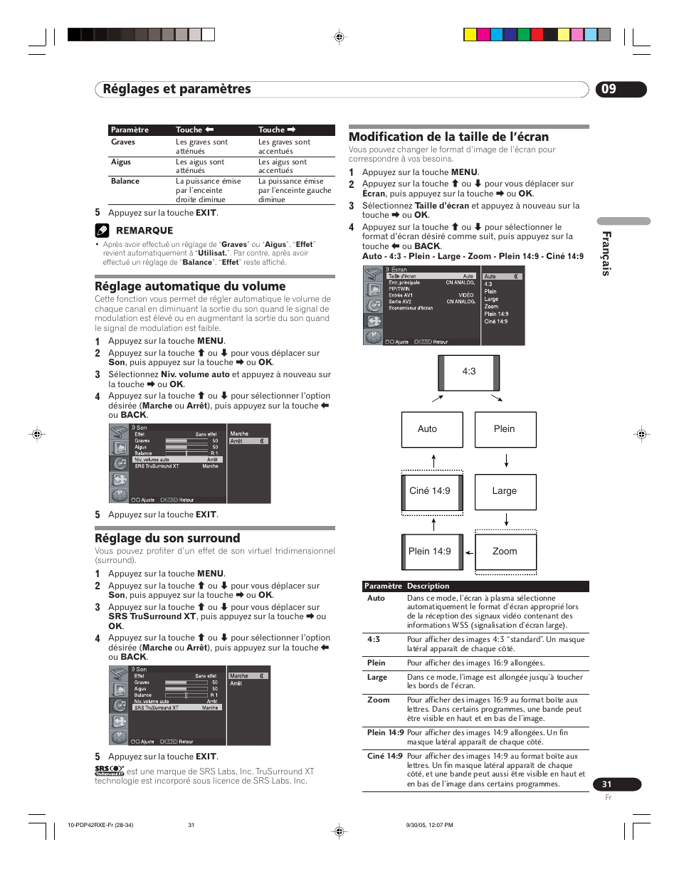 09 réglages et paramètres, Réglage automatique du volume, Réglage du son surround | Modification de la taille de l’écran | Pioneer PDP-42RXE User Manual | Page 71 / 124