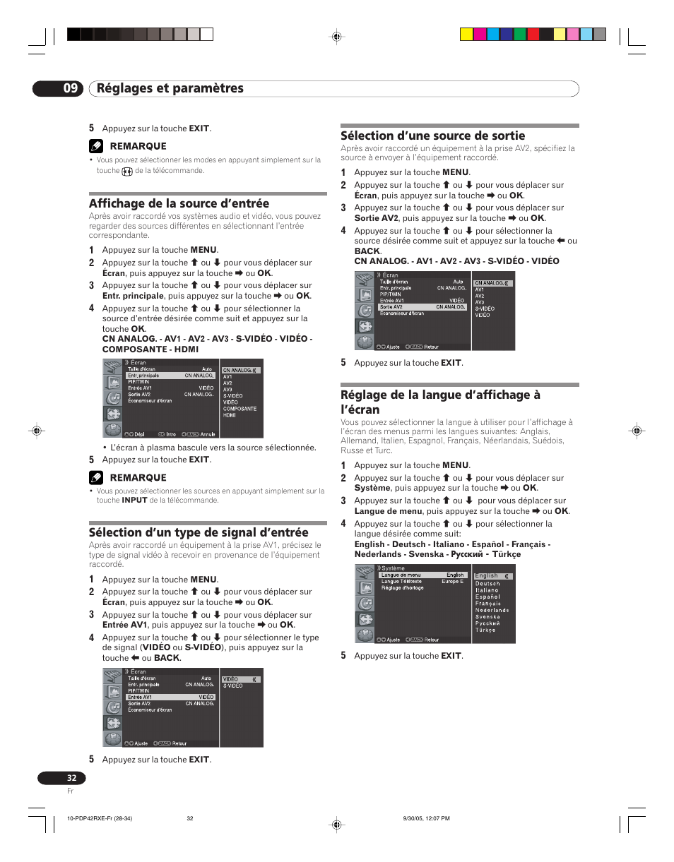 09 réglages et paramètres, Affichage de la source d’entrée, Sélection d’un type de signal d’entrée | Sélection d’une source de sortie, Réglage de la langue d’affichage à l’écran | Pioneer PDP-42RXE User Manual | Page 72 / 124