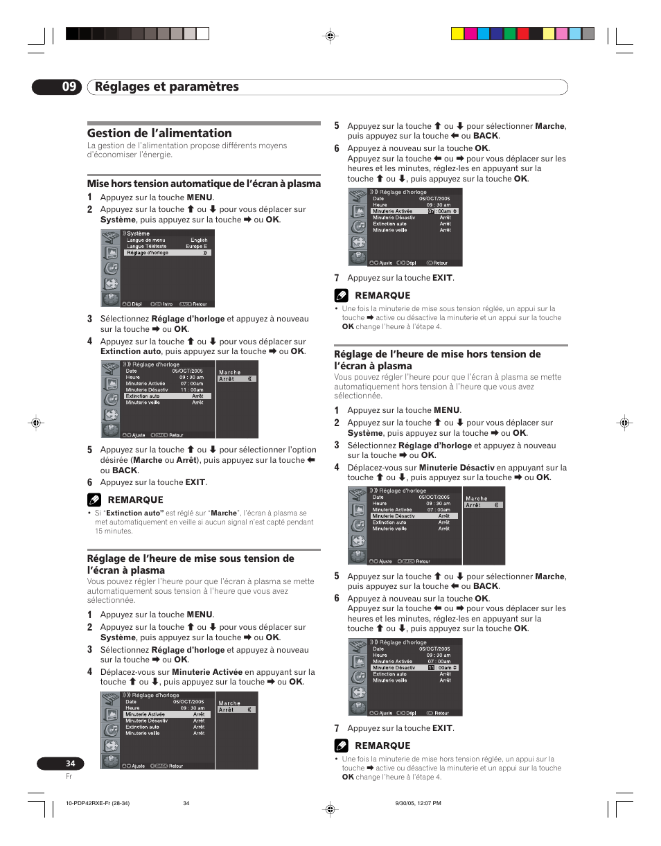 Gestion de l’alimentation, Mise hors tension automatique, De l’écran à plasma | Réglage de l’heure de mise sous, Tension de l’écran à plasma, Réglage de l’heure de mise hors, 09 réglages et paramètres | Pioneer PDP-42RXE User Manual | Page 74 / 124