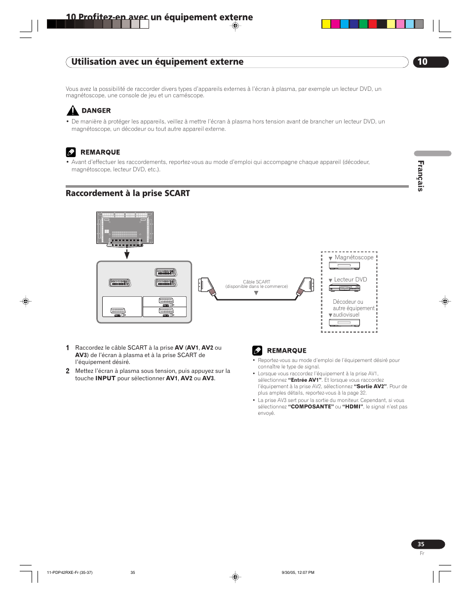 10 utilisation avec un équipement externe, Raccordement à la prise scart, 10 profitez-en avec un équipement externe | Français | Pioneer PDP-42RXE User Manual | Page 75 / 124