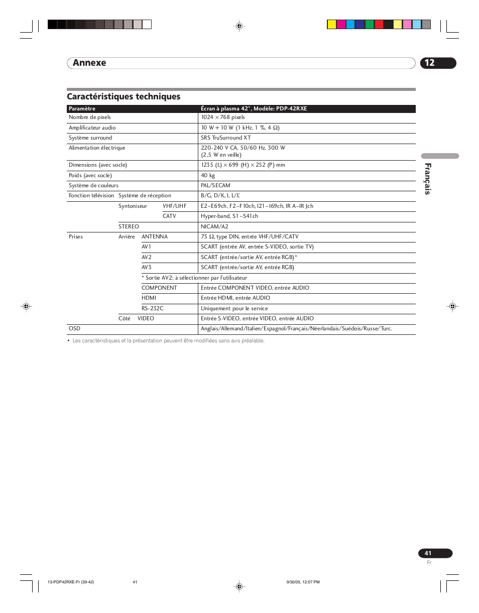 Caractéristiques techniques, 12 annexe, Français | Pioneer PDP-42RXE User Manual | Page 81 / 124