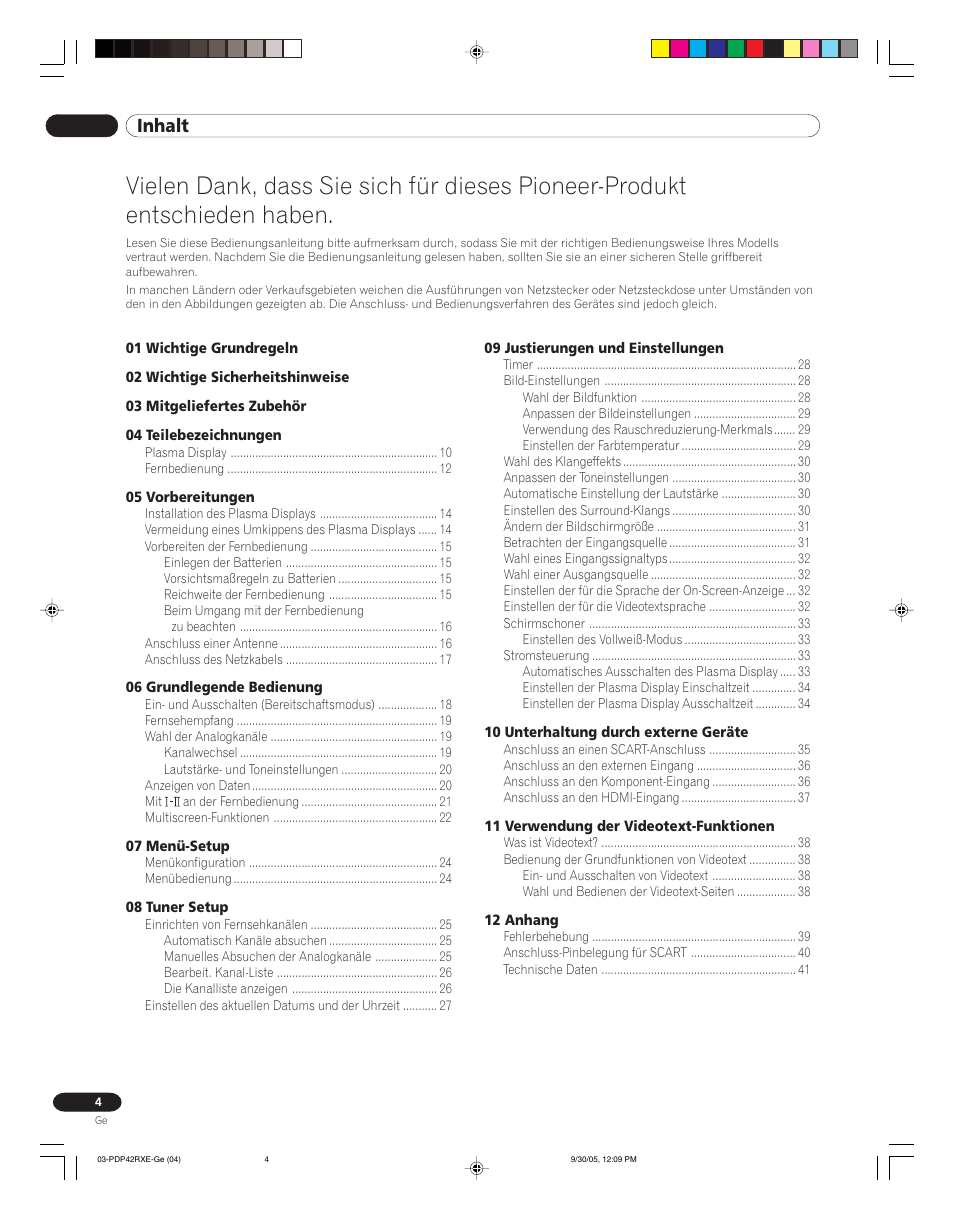 Bedienungsanleitung, Inhalt | Pioneer PDP-42RXE User Manual | Page 84 / 124