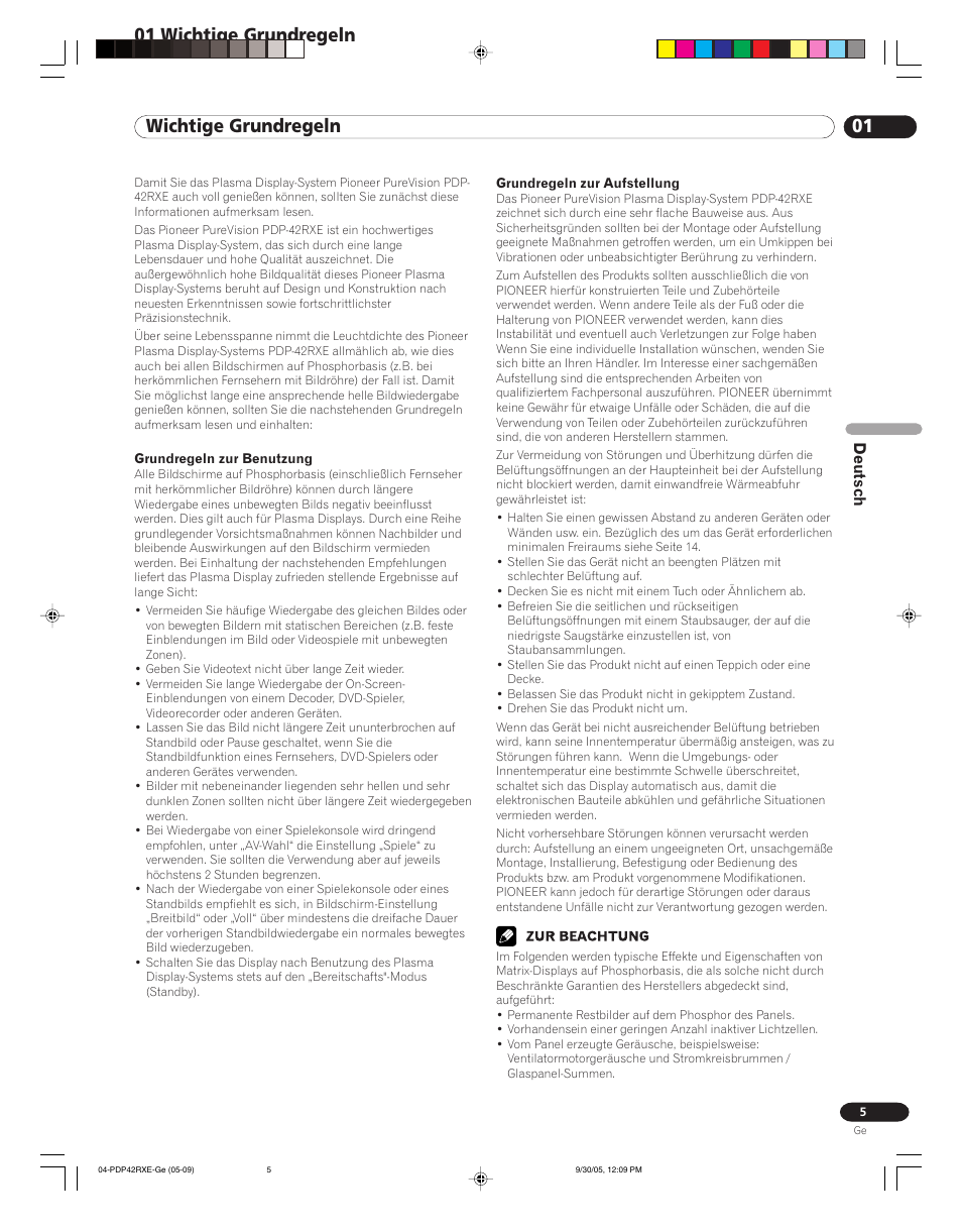 01 wichtige grundregeln, Deutsch | Pioneer PDP-42RXE User Manual | Page 85 / 124