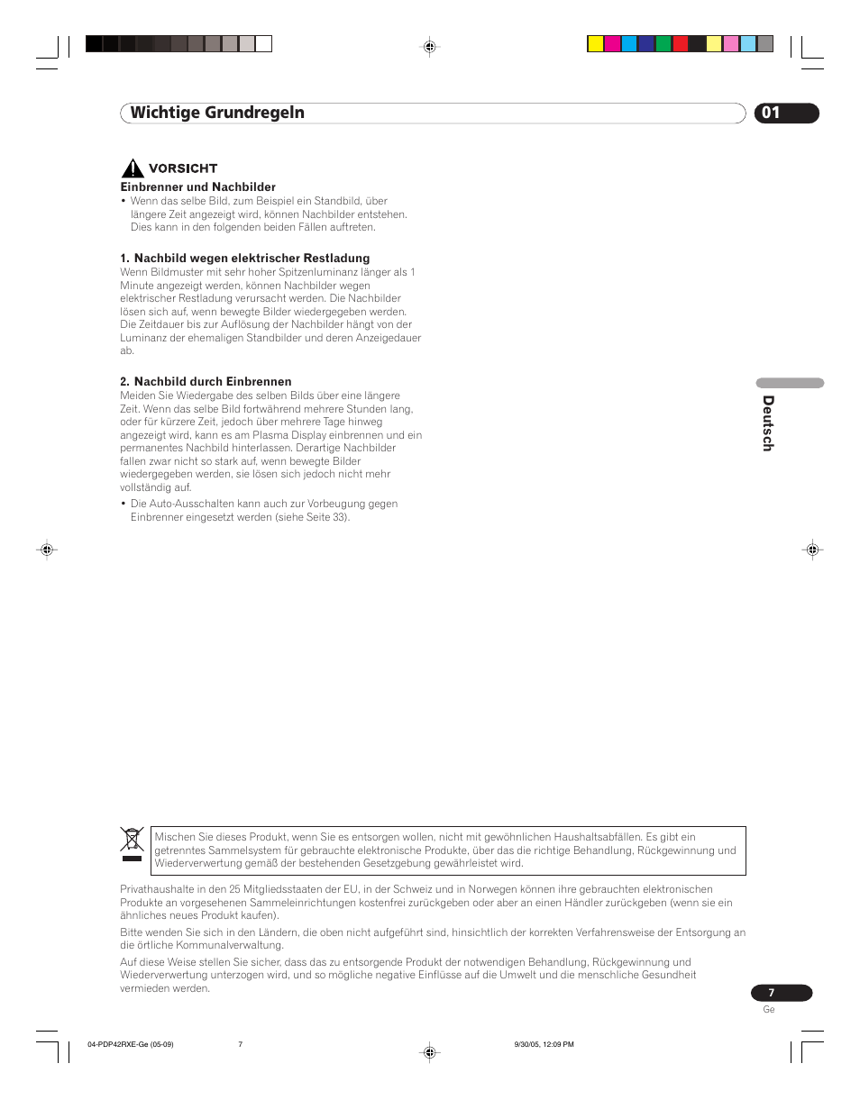 01 wichtige grundregeln, Deutsch | Pioneer PDP-42RXE User Manual | Page 87 / 124