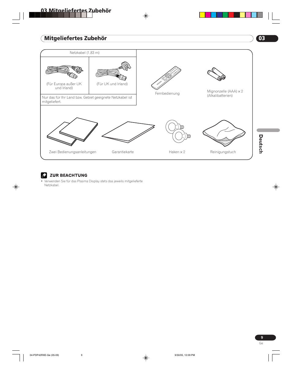 03 mitgeliefertes zubehör, Deutsch | Pioneer PDP-42RXE User Manual | Page 89 / 124