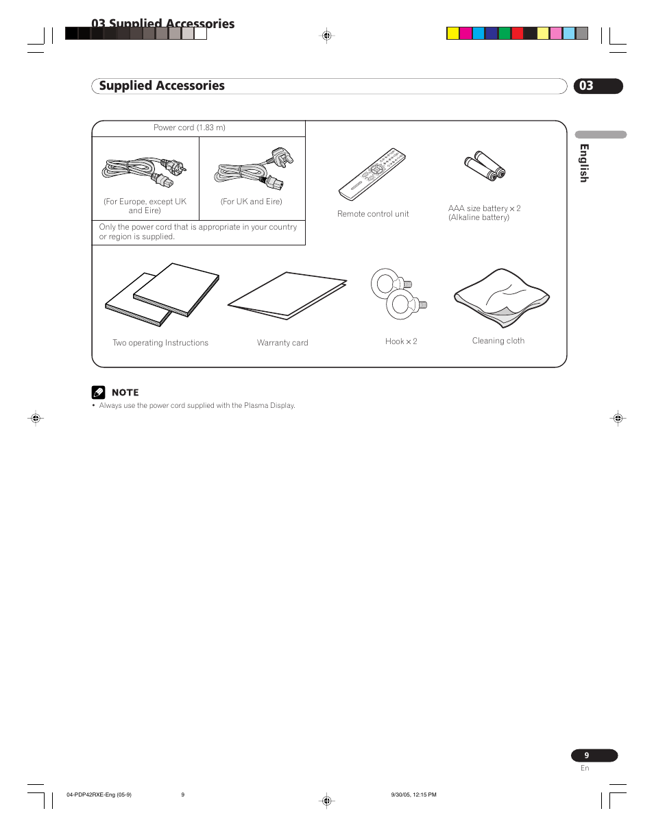 03 supplied accessories, English | Pioneer PDP-42RXE User Manual | Page 9 / 124