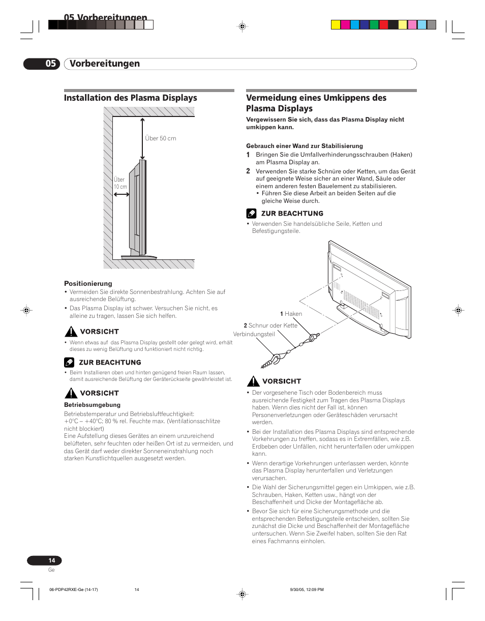 05 vorbereitungen, Installation des plasma displays, Vermeidung eines umkippens des plasma displays | Pioneer PDP-42RXE User Manual | Page 94 / 124