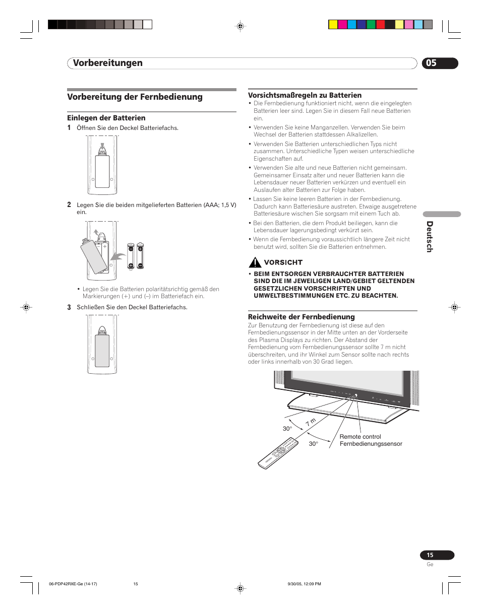 Vorbereiten der fernbedienung, 05 vorbereitungen, Vorbereitung der fernbedienung | Deutsch | Pioneer PDP-42RXE User Manual | Page 95 / 124