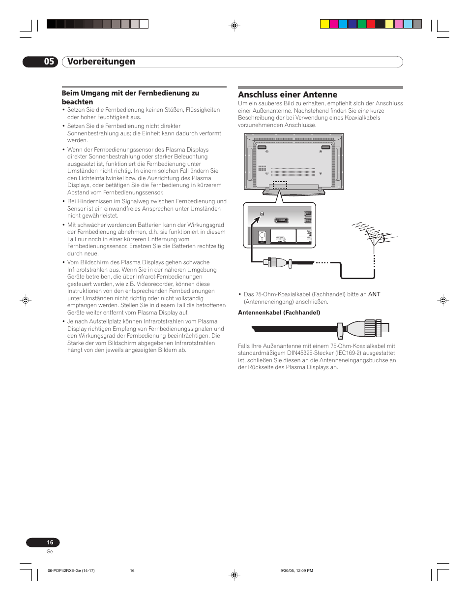 Beim umgang mit der fernbedienung, Zu beachten, Anschluss einer antenne | 05 vorbereitungen | Pioneer PDP-42RXE User Manual | Page 96 / 124