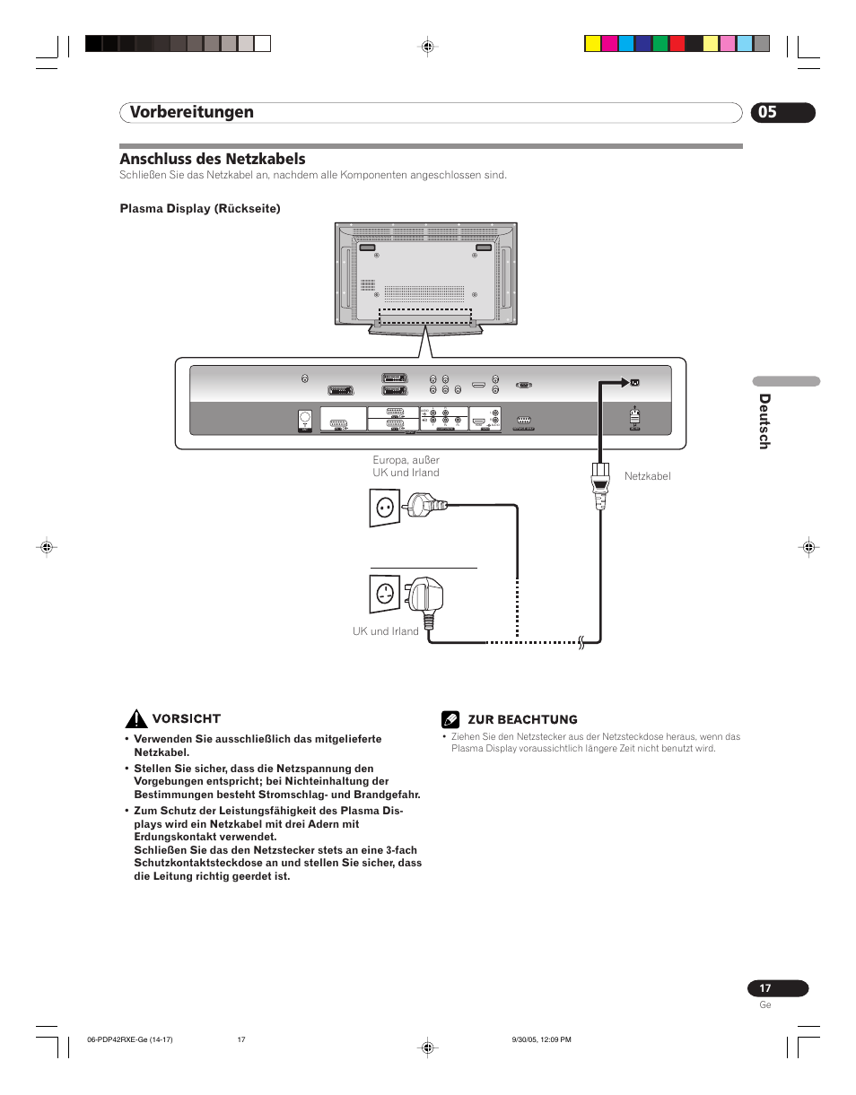 Anschluss des netzkabels, 05 vorbereitungen, Deutsch | Plasma display (rückseite), Netzkabel uk und irland | Pioneer PDP-42RXE User Manual | Page 97 / 124