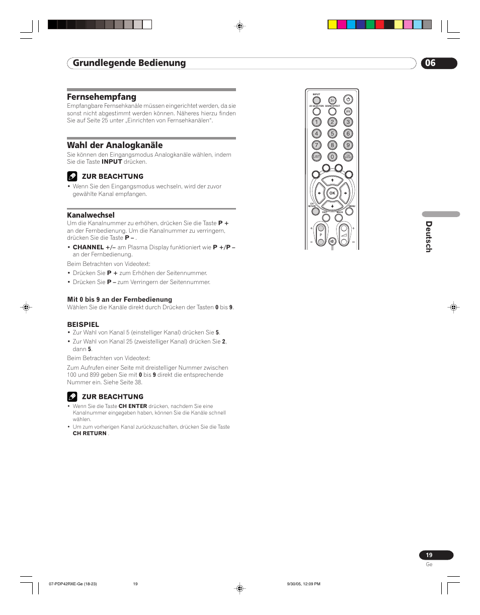 Fernsehempfang wahl der analogkanäle, Kanalwechsel, 06 grundlegende bedienung | Fernsehempfang, Wahl der analogkanäle, Deutsch | Pioneer PDP-42RXE User Manual | Page 99 / 124