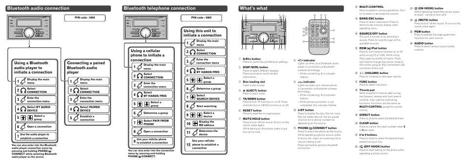Bluetooth audio connection, Bluetooth telephone connection, What’s what | Pioneer FH-P80BT User Manual | Page 2 / 2