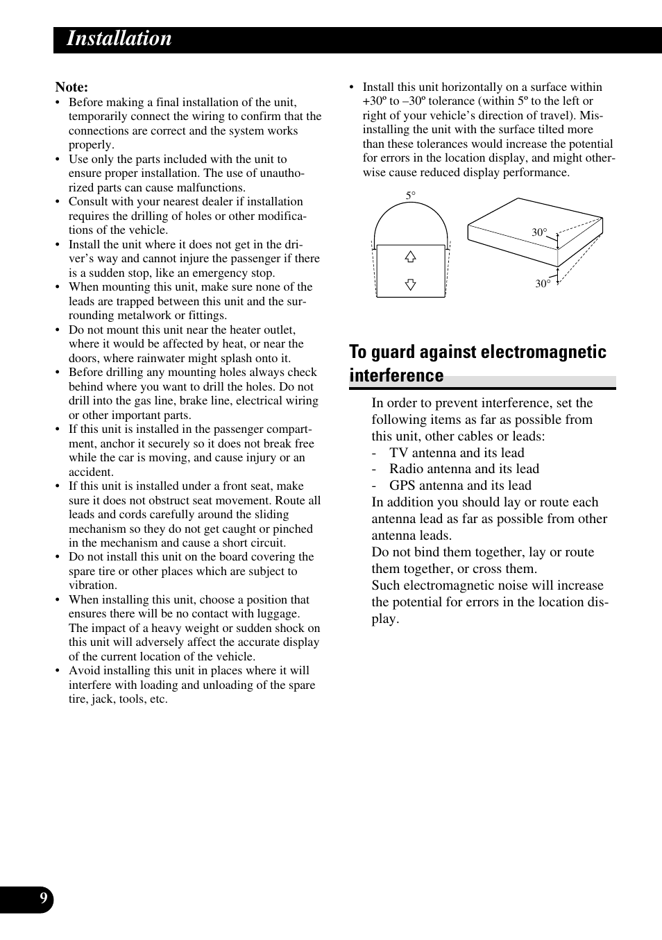 Installation, To guard against electromagnetic, Interference | Pioneer AVG-VDP1 User Manual | Page 10 / 86