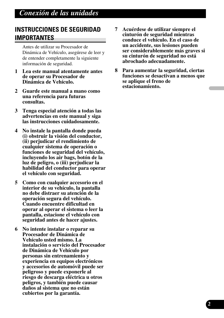 Conexión de las unidades, Instrucciones de seguridad, Importantes | Instrucciones de seguridad importantes | Pioneer AVG-VDP1 User Manual | Page 17 / 86