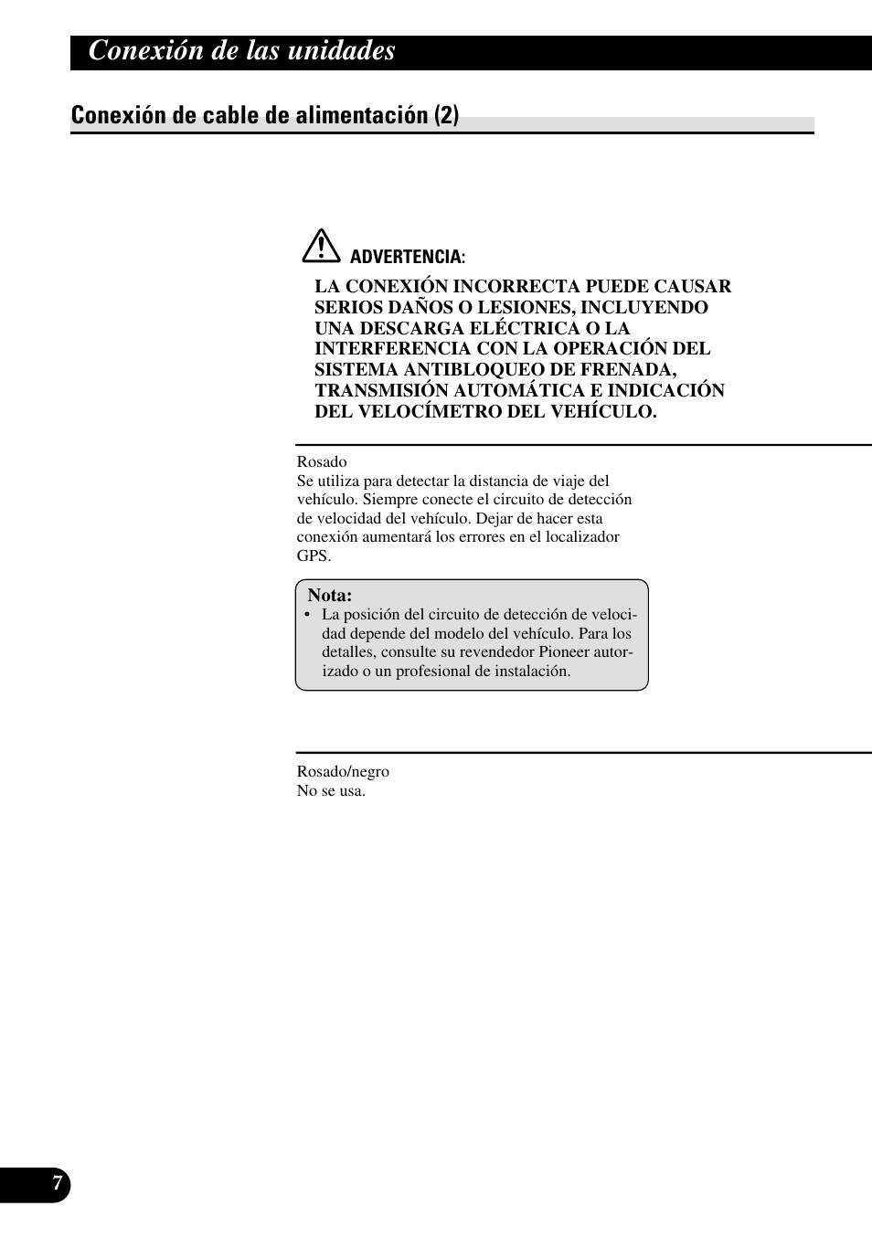 Conexión de cable de alimentación (2), Conexión de las unidades | Pioneer AVG-VDP1 User Manual | Page 22 / 86
