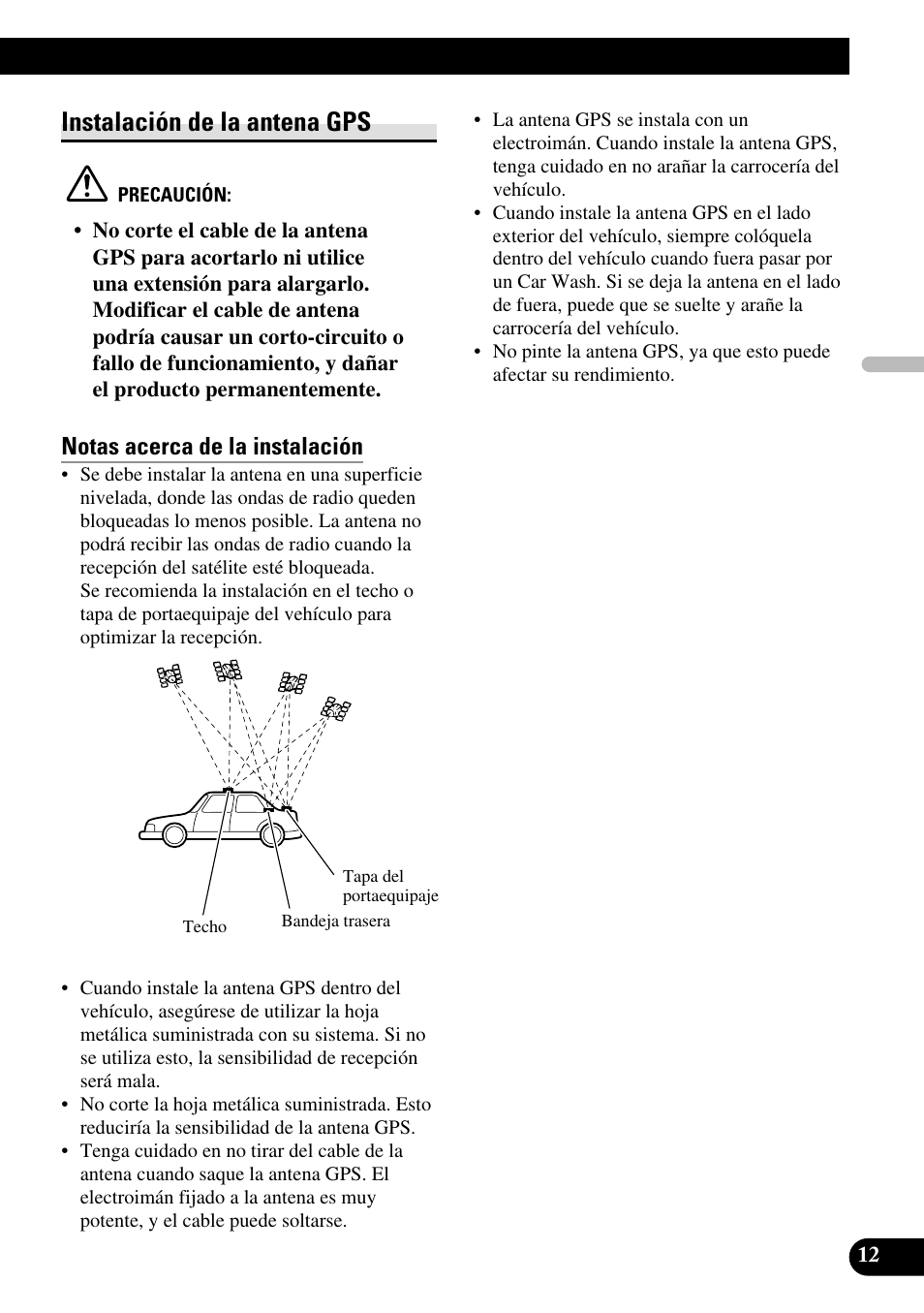 Instalación de la antena gps, Notas acerca de la instalación | Pioneer AVG-VDP1 User Manual | Page 27 / 86