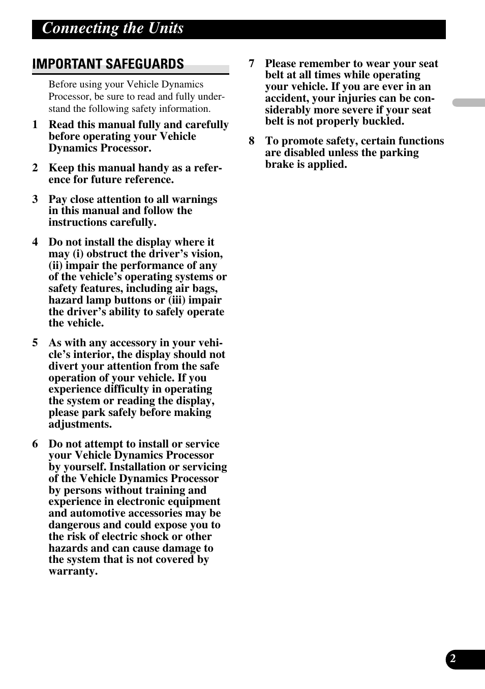 Connecting the units, Important safeguards | Pioneer AVG-VDP1 User Manual | Page 3 / 86