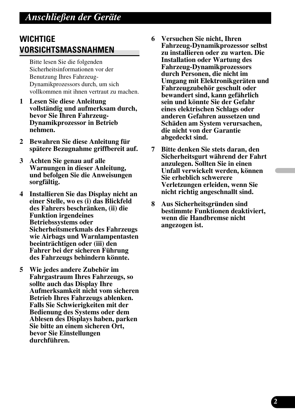 Anschließen der geräte, Wichtige vorsichtsmassnahmen | Pioneer AVG-VDP1 User Manual | Page 31 / 86