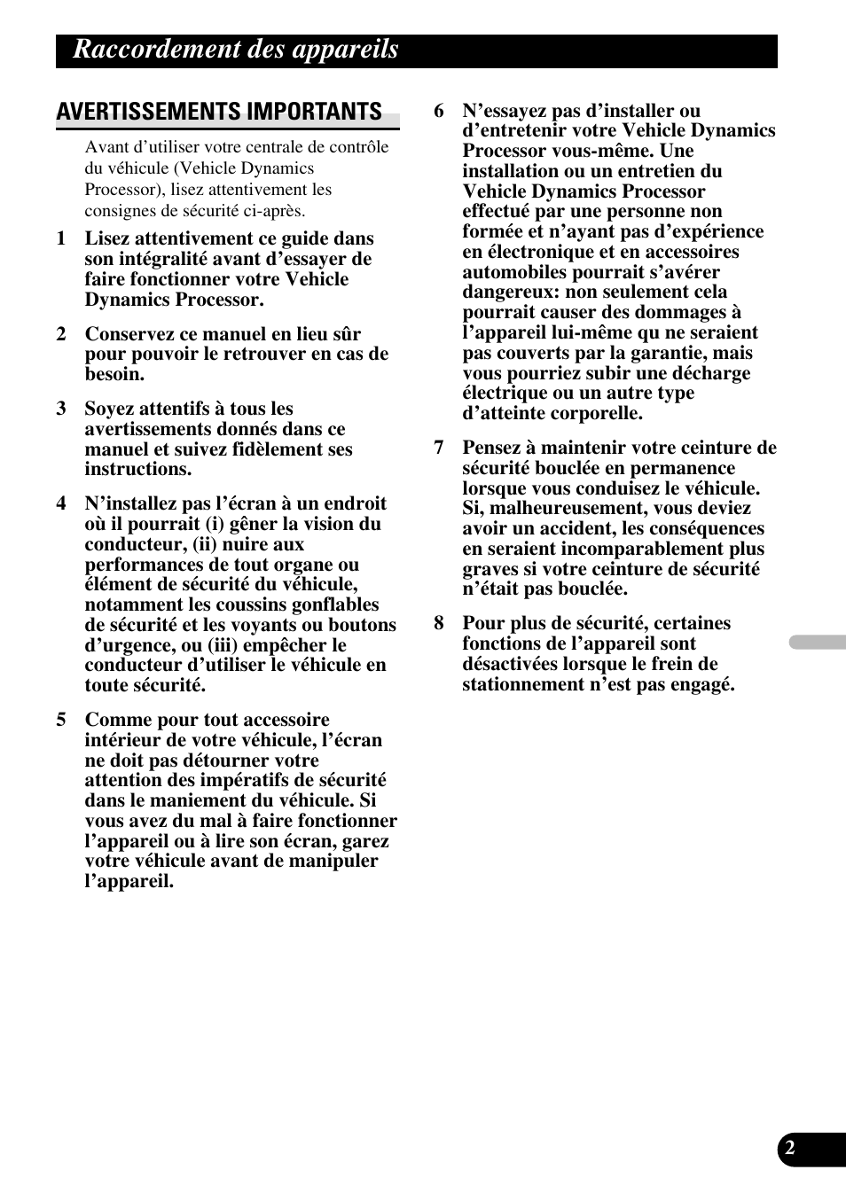 Raccordement des appareils, Avertissements importants | Pioneer AVG-VDP1 User Manual | Page 45 / 86