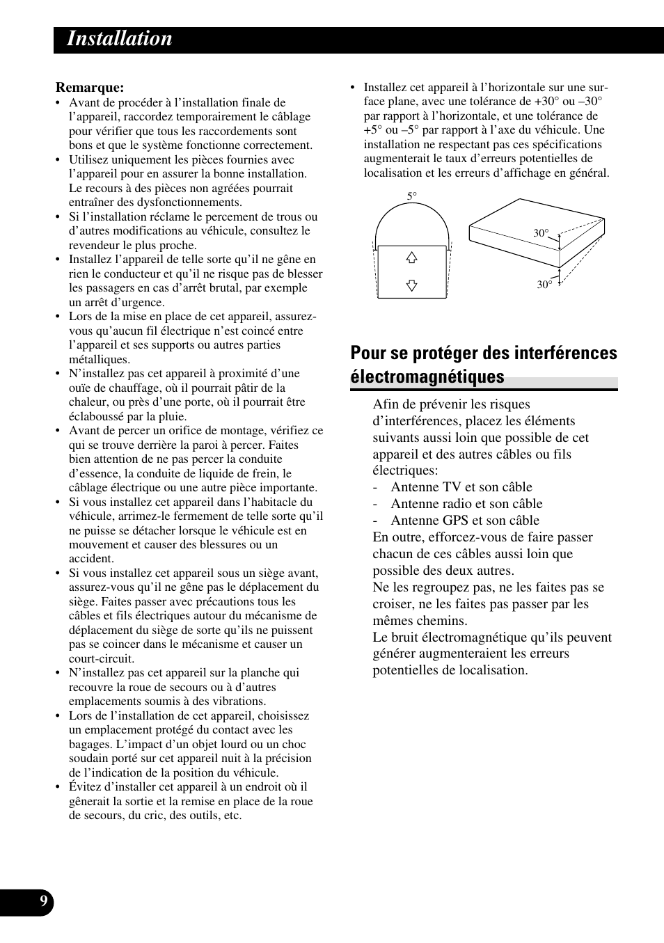 Installation, Pour se protéger des interférences, Électromagnétiques | Pioneer AVG-VDP1 User Manual | Page 52 / 86