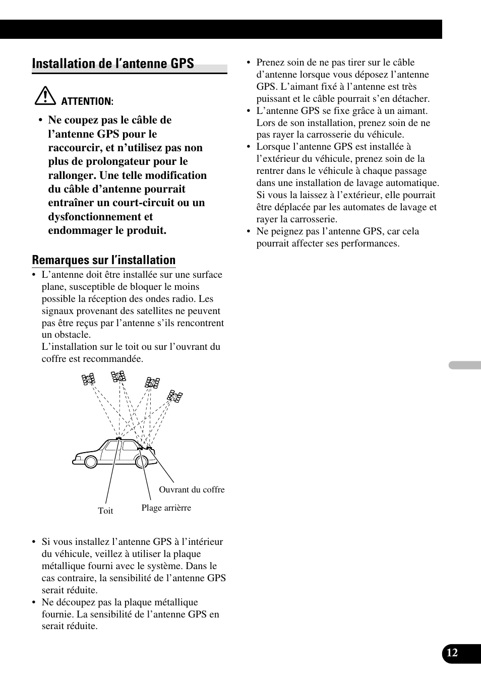 Installation de l’antenne gps, Remarques sur l’installation | Pioneer AVG-VDP1 User Manual | Page 55 / 86