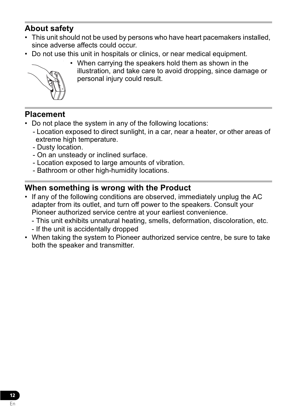 About safety, Placement, When something is wrong with the product | Pioneer VMS-550 User Manual | Page 18 / 92