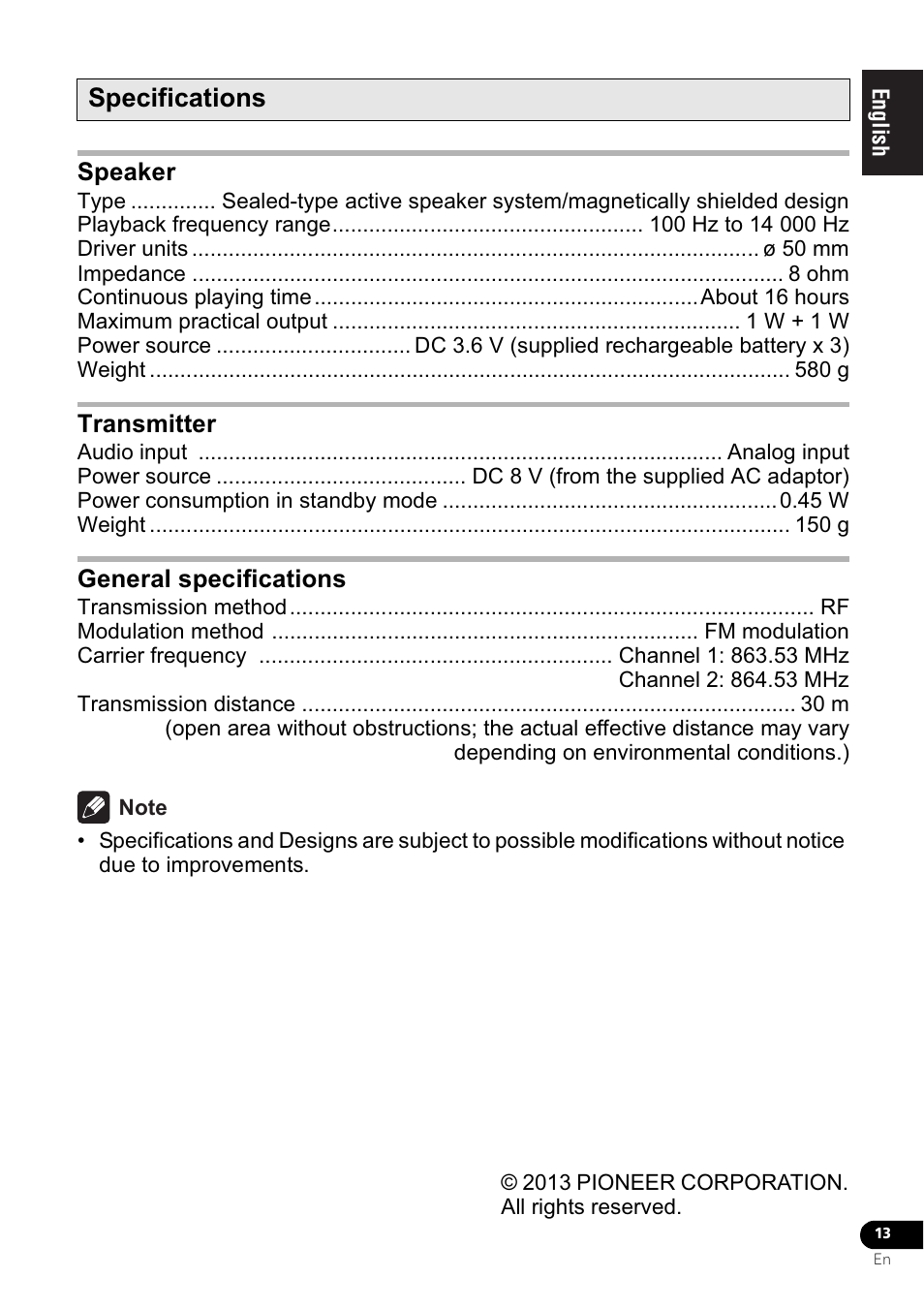 Specifications | Pioneer VMS-550 User Manual | Page 19 / 92