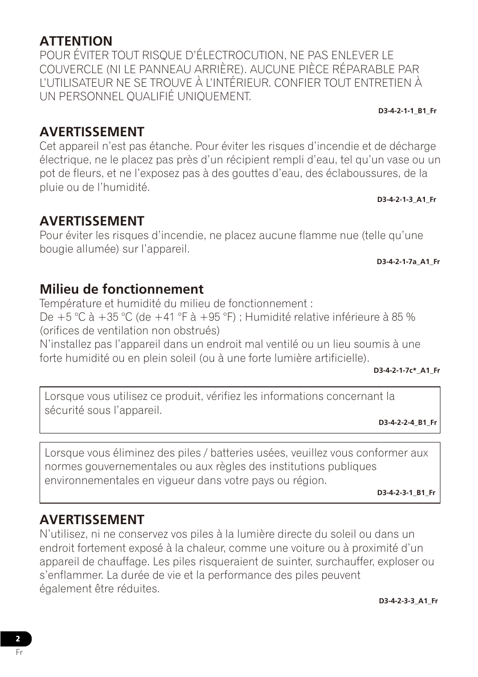Avertissement, Milieu de fonctionnement, Attention | Pioneer VMS-550 User Manual | Page 20 / 92
