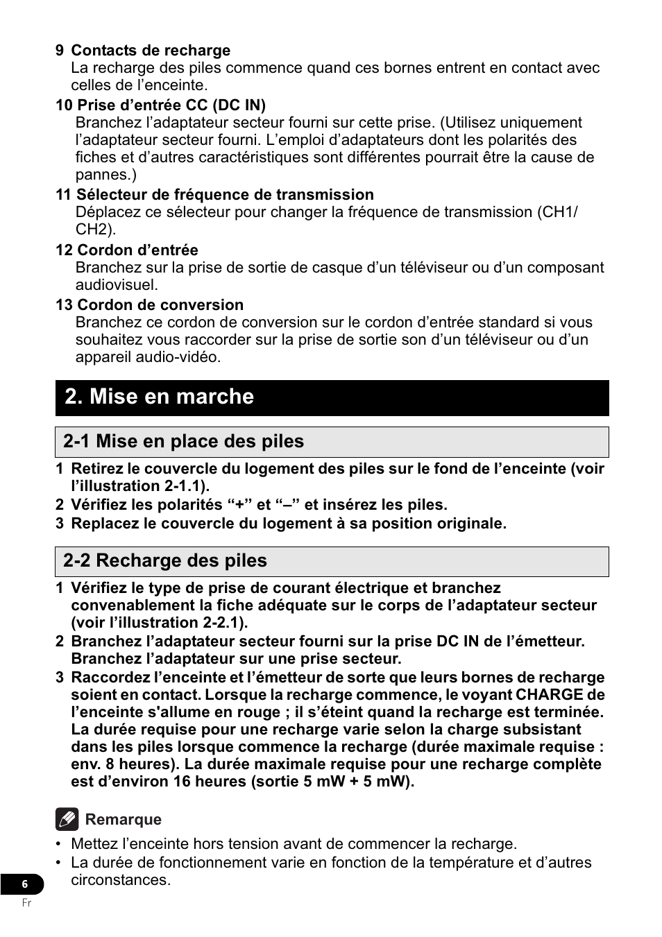 Mise en marche, 1 mise en place des piles 2-2 recharge des piles | Pioneer VMS-550 User Manual | Page 24 / 92