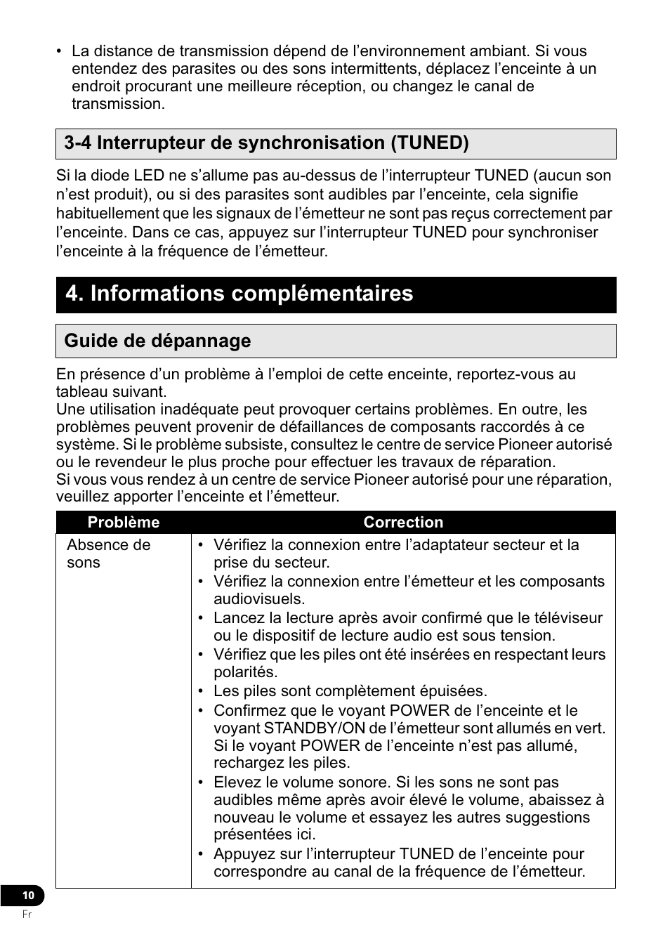 Informations complémentaires, 4 interrupteur de synchronisation (tuned), Guide de dépannage | Pioneer VMS-550 User Manual | Page 28 / 92